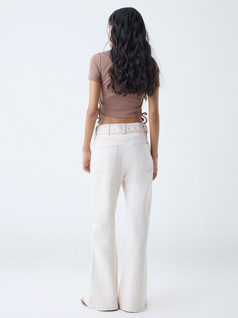 Westside Nuon Women's Off-White Mid-Rise Bootcut Jeans with Belt for Casual Wear Back View
