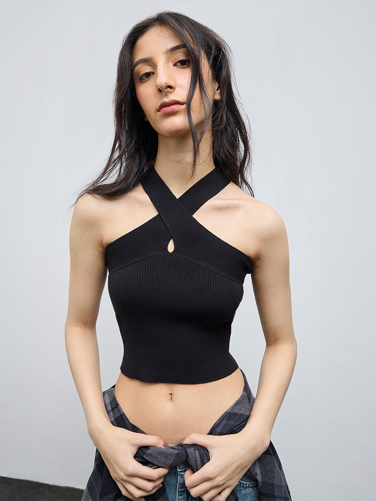 Nuon Black Ribbed-Textured Halter-Neck Top