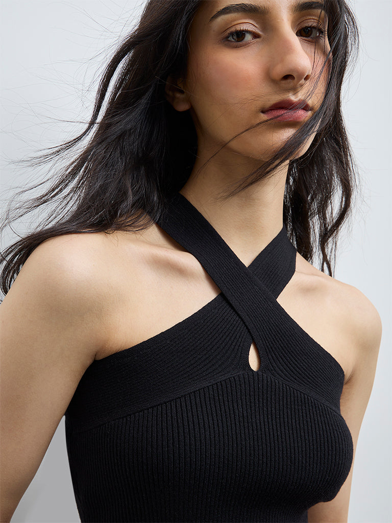 Nuon Black Ribbed-Textured Halter-Neck Top
