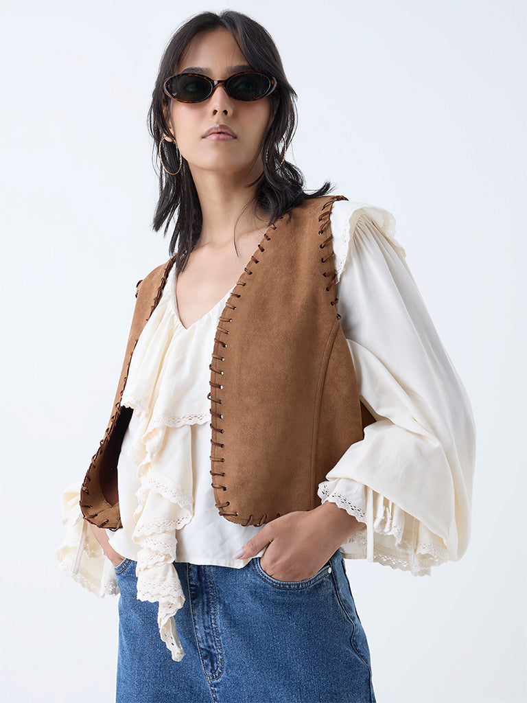 Westside LOV Women's Tan Suede Jacket for Casual Wear Front view
