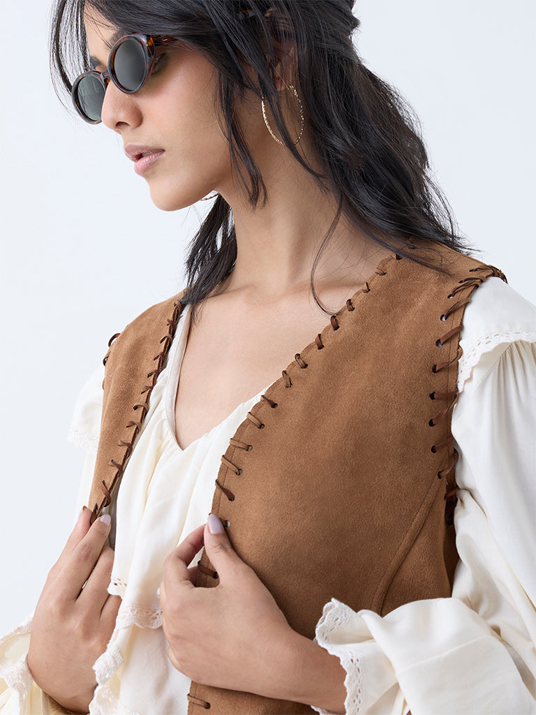 Westside LOV Women's Tan Suede Jacket for Casual Wear Zoomed View