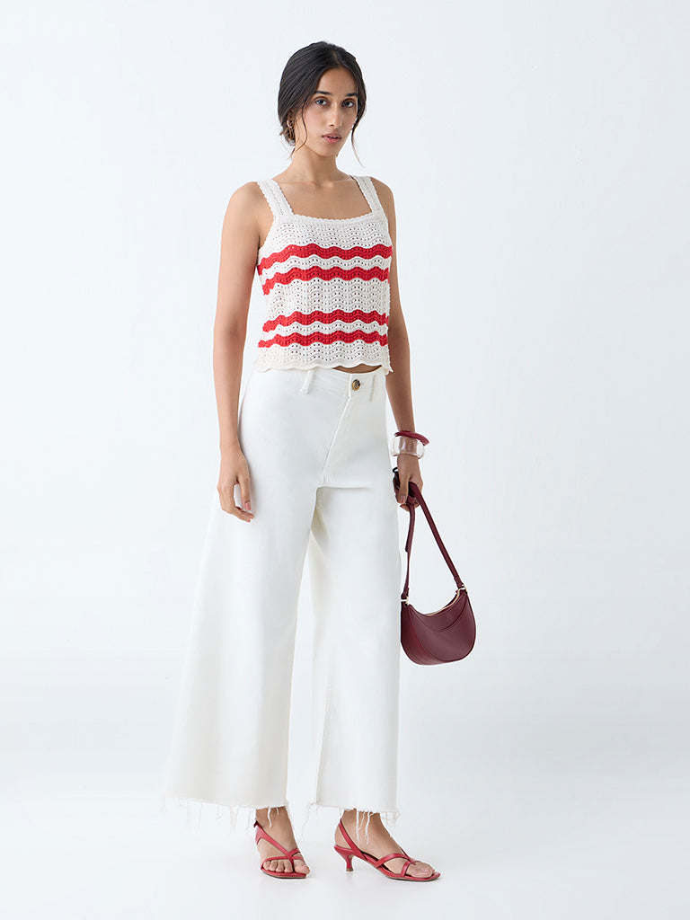Westside LOV Women's White Knit-Textured Cotton-Blend Top for Casual Wear Full View