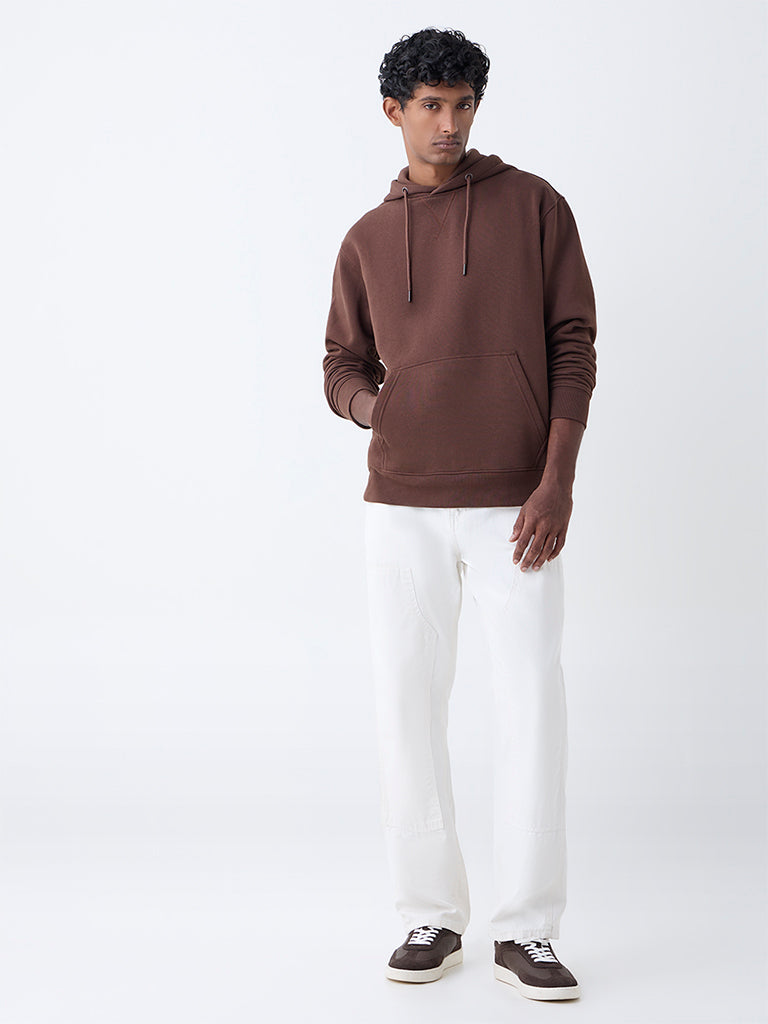 WES Casuals Brown Solid Relaxed-Fit Cotton-Blend Hoodie