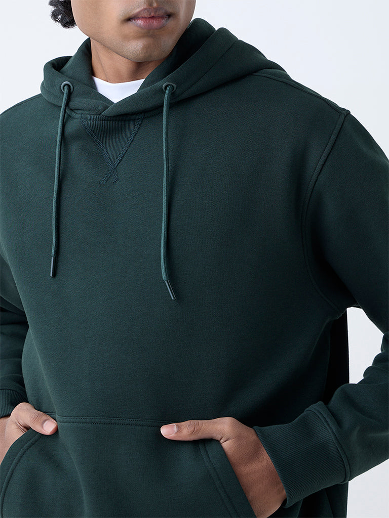 WES Casuals Green Solid Relaxed-Fit Cotton-Blend Hoodie