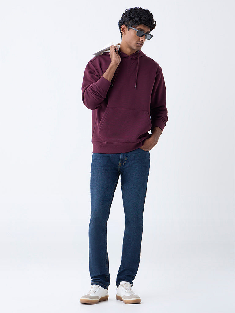 WES Casuals Wine Solid Relaxed-Fit Cotton-Blend Hoodie