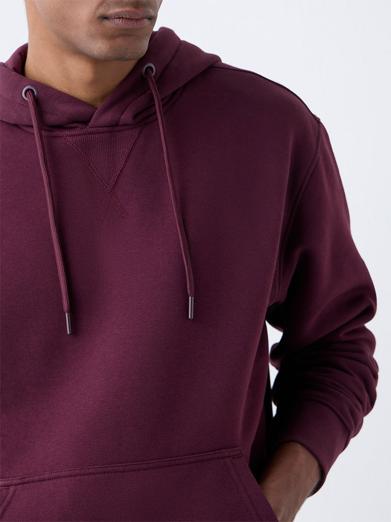 WES Casuals Wine Solid Relaxed-Fit Cotton-Blend Hoodie