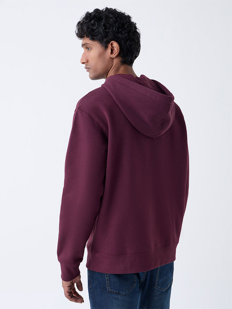 WES Casuals Wine Solid Relaxed-Fit Cotton-Blend Hoodie