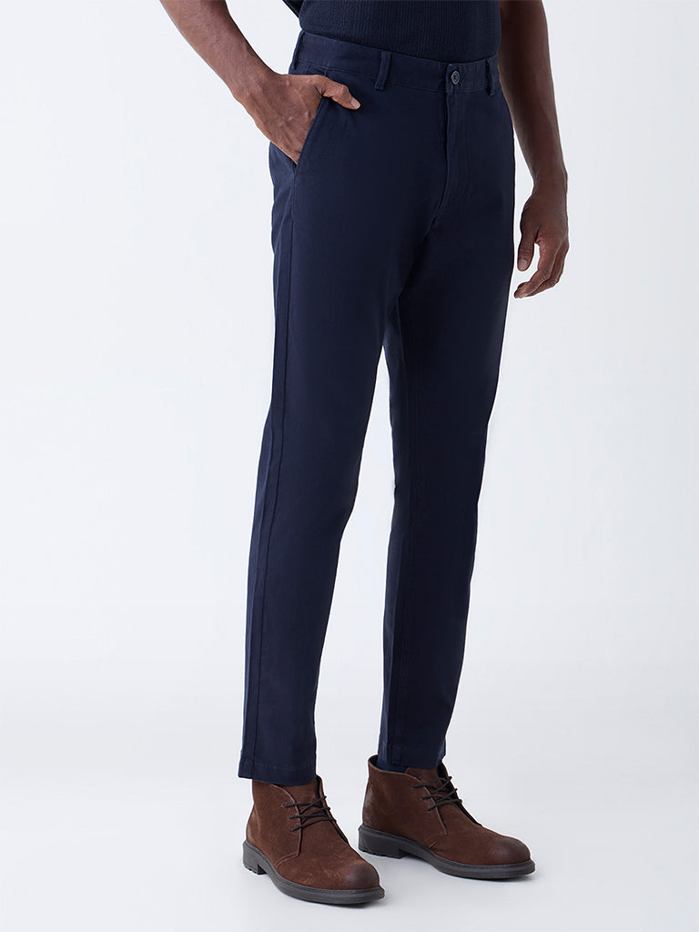 WES Casuals Navy Slim-Fit Mid-Rise Cotton-Blend Chinos
