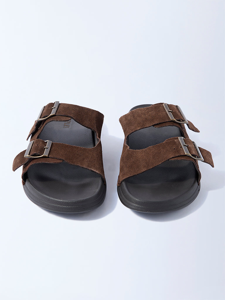 Westside SOLEPLAY Men's Brown Dual-Strap Leather Slip-On Sandals for Casual Wear Top View