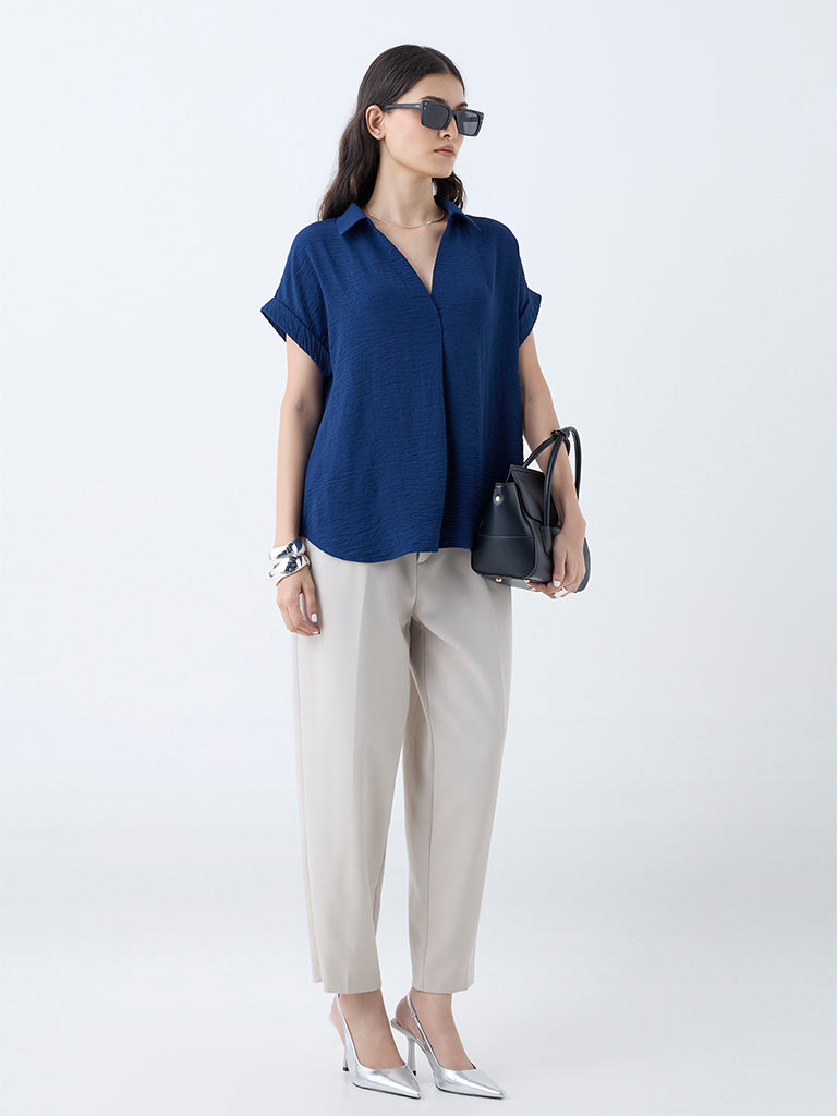 Westside Wardrobe Women's Indigo Crinkle-Textured Top for Work Wear Full View
