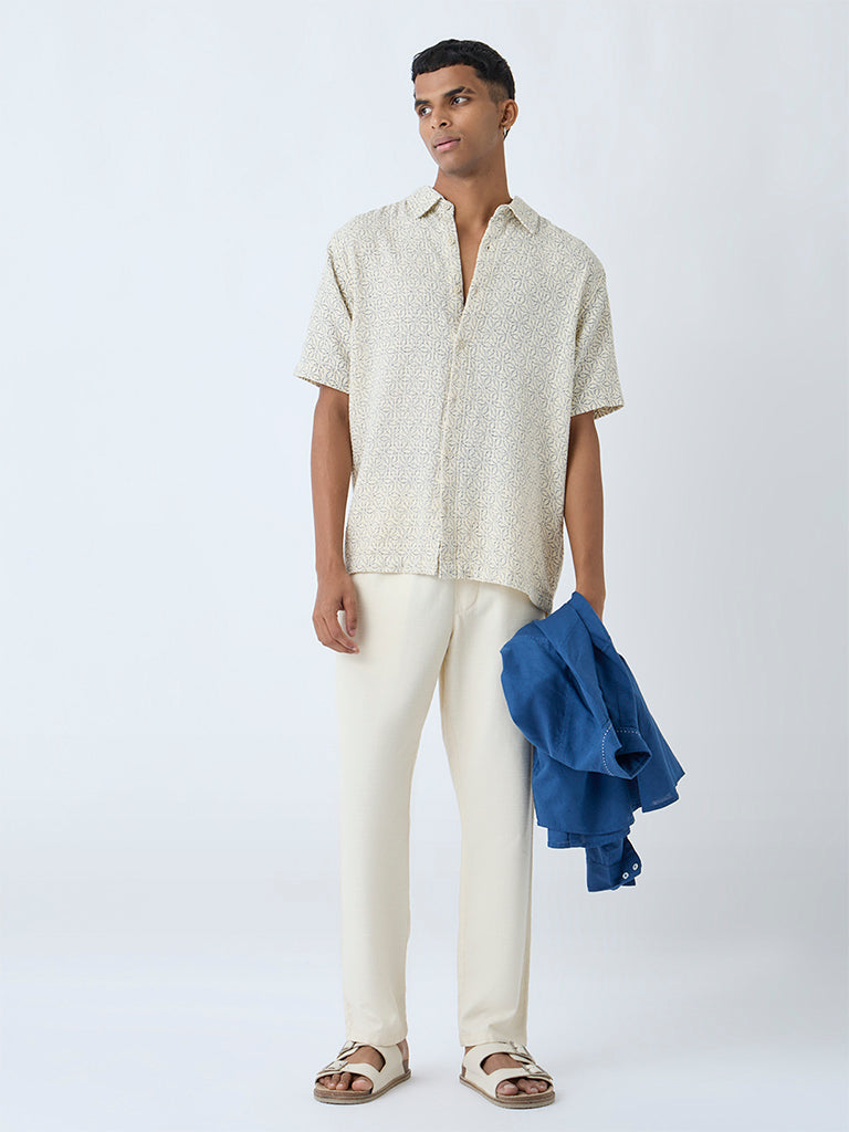 Westside ETA Men's Off-White Floral Pattern Relaxed-Fit Cotton Shirt for Casual Wear Full View