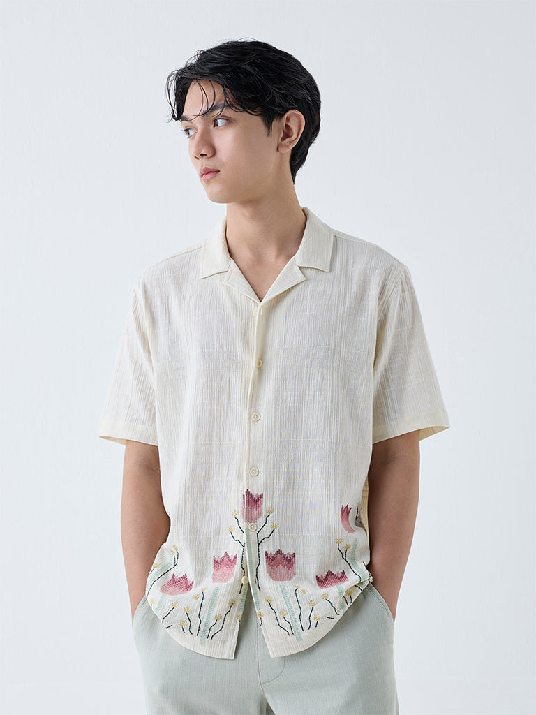 Westside ETA Men's Off-White Floral Embroidered Relaxed-Fit Cotton Shirt for Casual Wear Front View