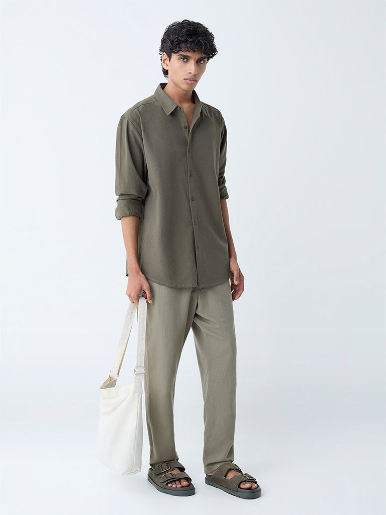 Westside ETA Men's Olive Relaxed-Fit Cotton Shirt for Casual Wear Full View