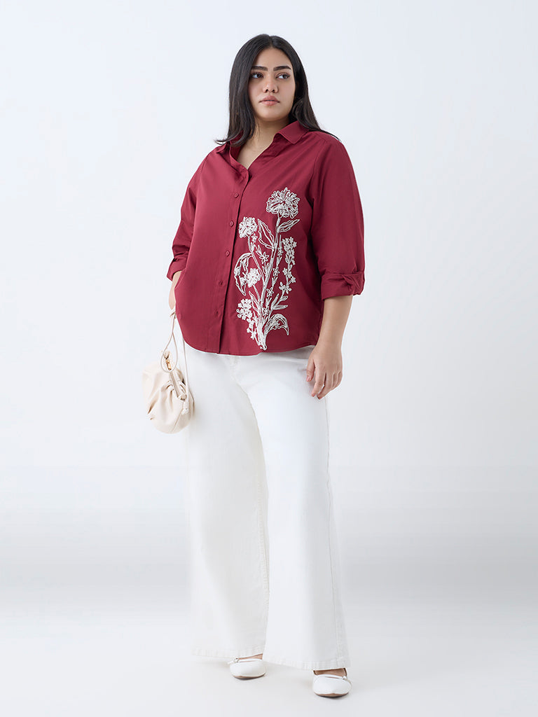 Westside Gia Women's Maroon Floral Embroidered Cotton Shirt for Casual Wear Full View