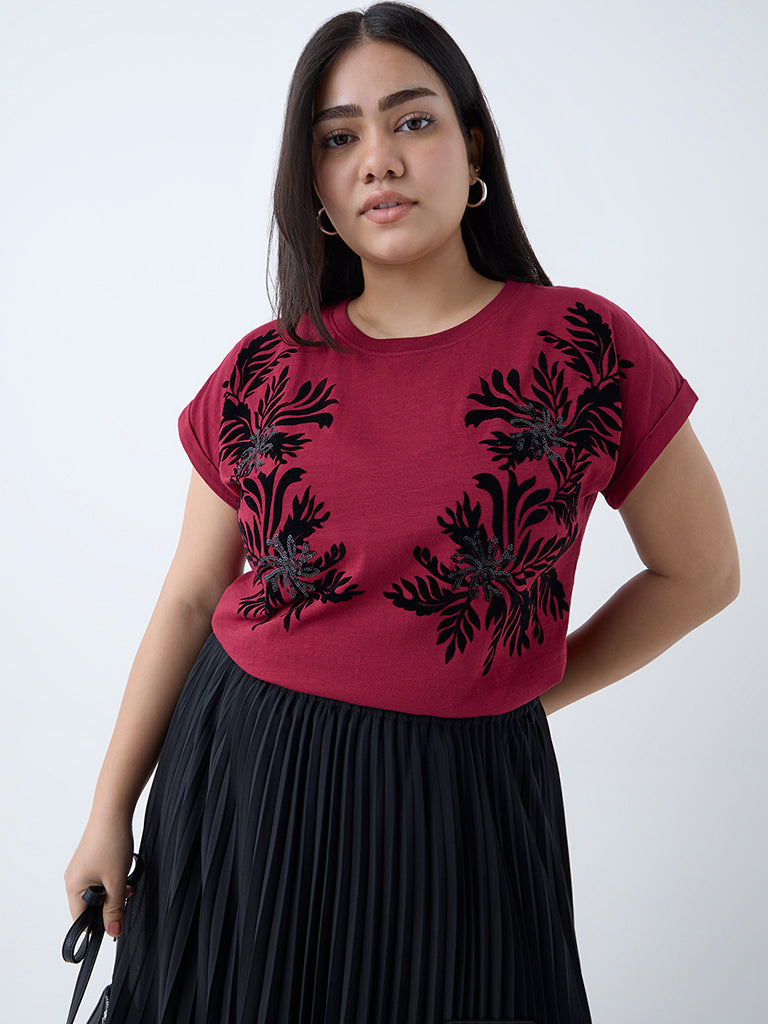 Westside Gia Women's Maroon Floral Pattern Cotton T-Shirt for Casual Wear Front view