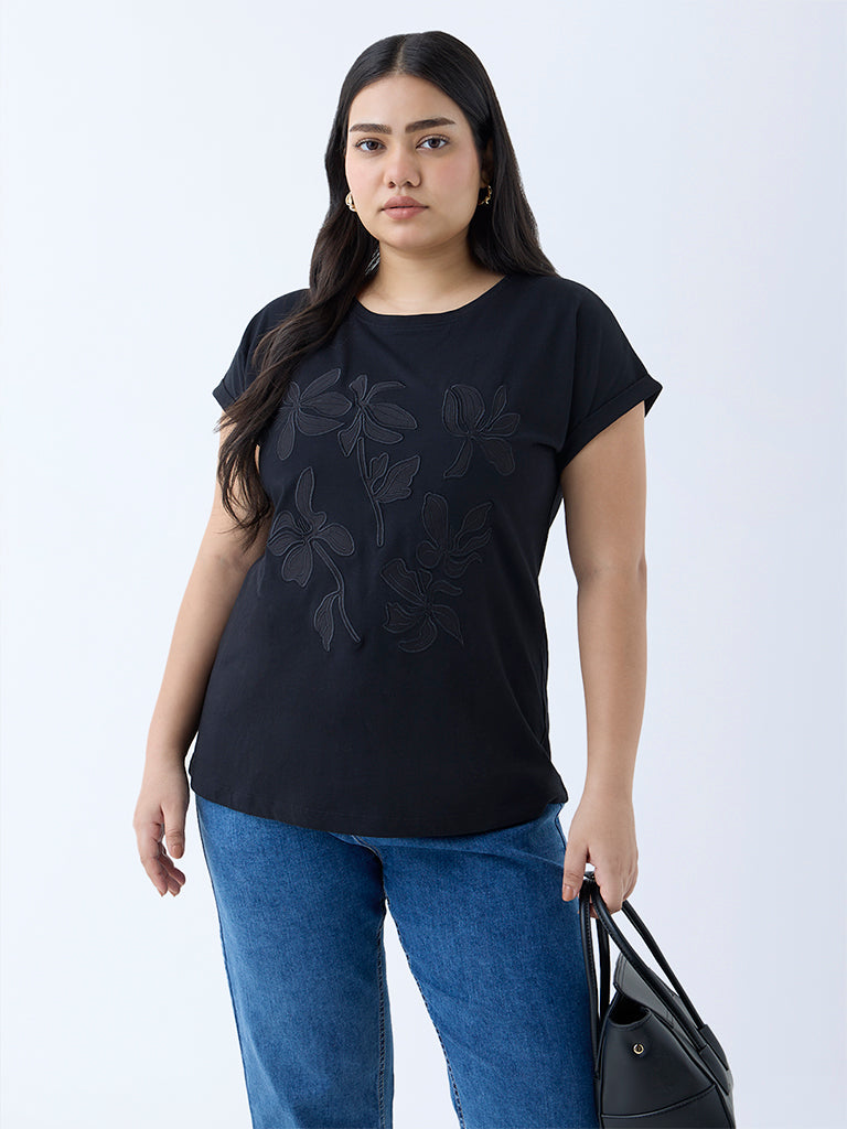 Westside Gia Women's Black Floral Embroidered Cotton T-Shirt for Casual Wear Front view