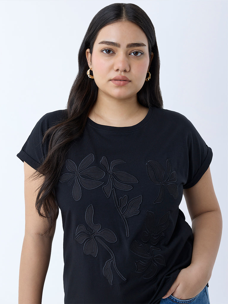Westside Gia Women's Black Floral Embroidered Cotton T-Shirt for Casual Wear Zoomed View