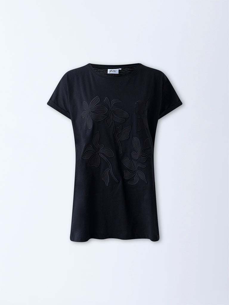 Westside Gia Women's Black Floral Embroidered Cotton T-Shirt for Casual Wear Flatlay