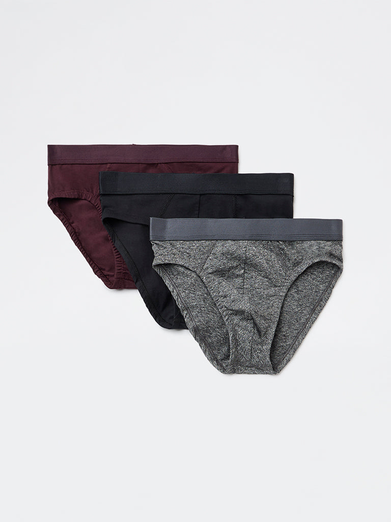 WES Lounge Wine Solid Cotton-Blend Briefs - Pack of 3