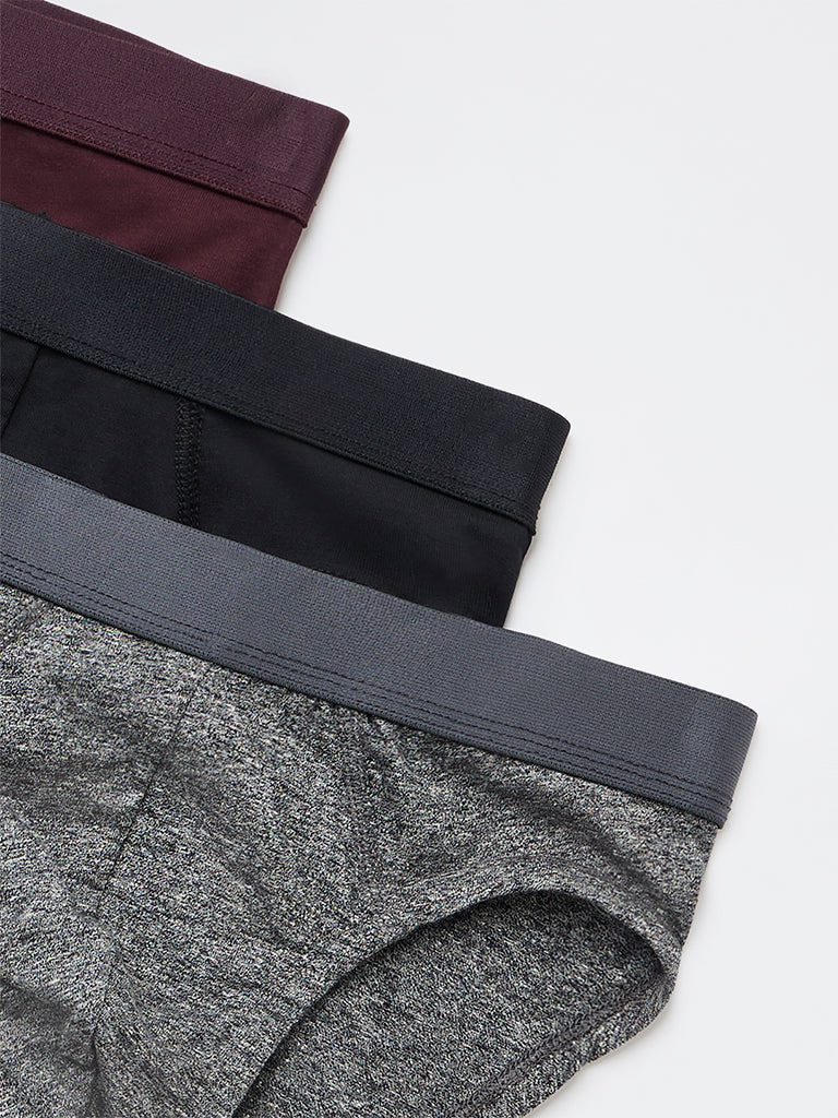 WES Lounge Wine Solid Cotton-Blend Briefs - Pack of 3