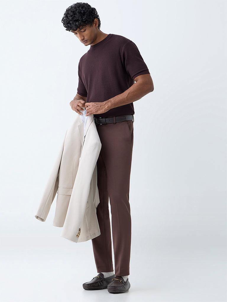 Westside WES Formals Men's Dark Brown Solid Slim-Fit T-Shirt for Work Wear Full View