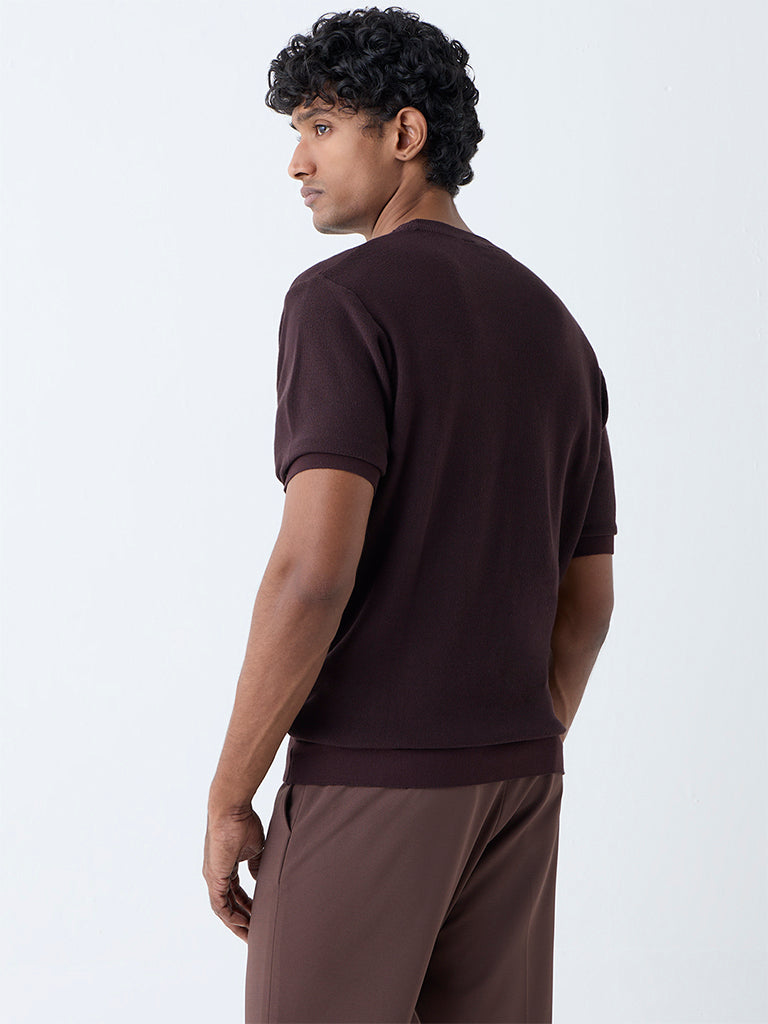 Westside WES Formals Men's Dark Brown Solid Slim-Fit T-Shirt for Work Wear Back View