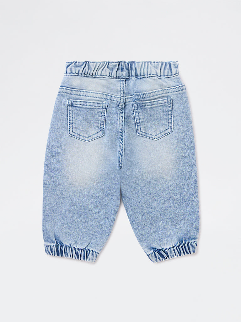 HOP Baby Boys Light Blue Faded Mid-Rise Denim Joggers
