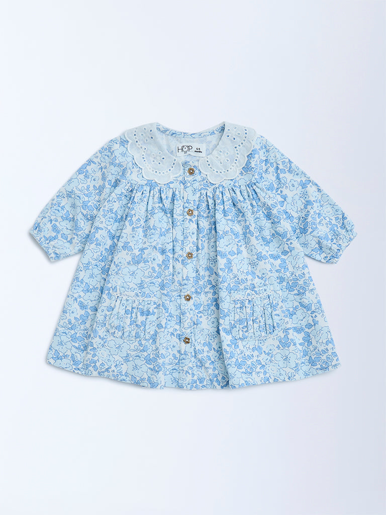 Westside HOP Baby Girls Blue Floral Detailed Cotton A-Line Dress for Casual Wear Front view
