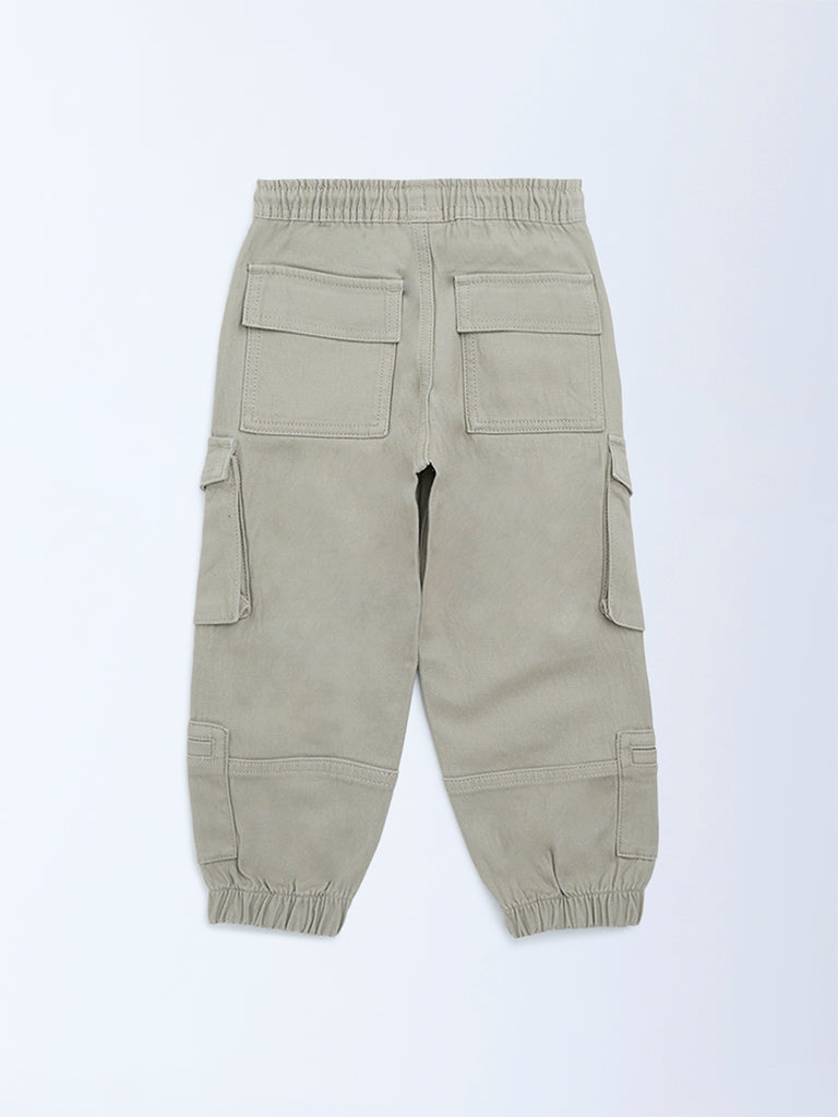 HOP Kids Boys Taupe Mid-Rise Cotton-Blend Cargo Joggers