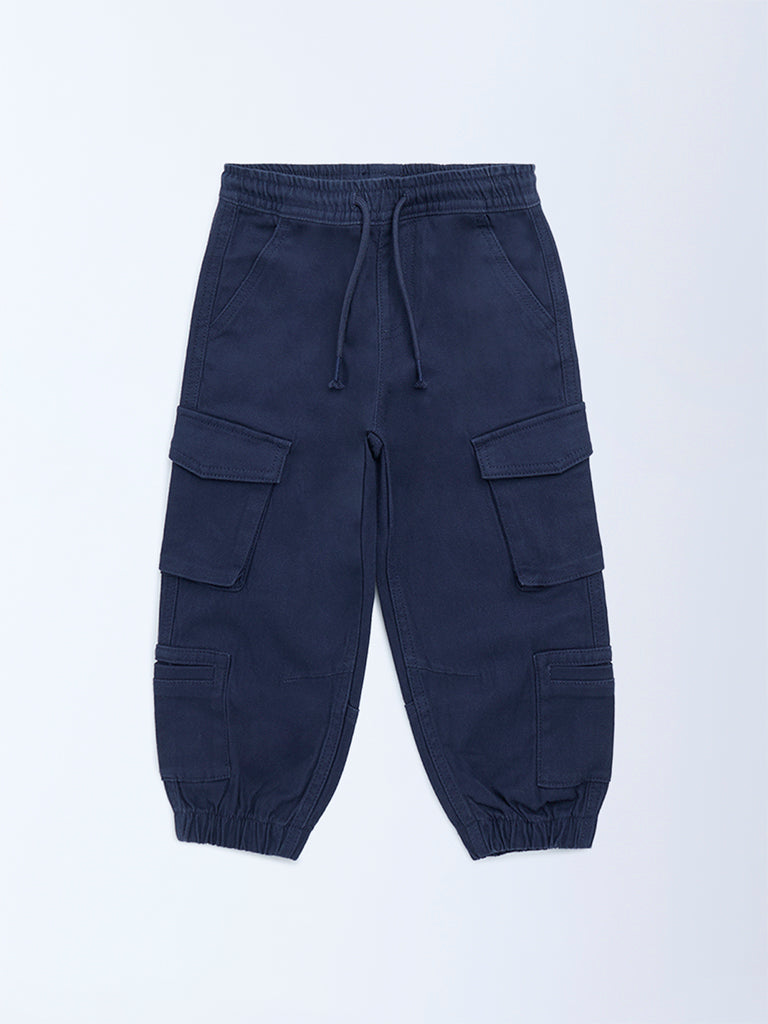 HOP Kids Boys Navy Mid-Rise Cotton-Blend Cargo Joggers