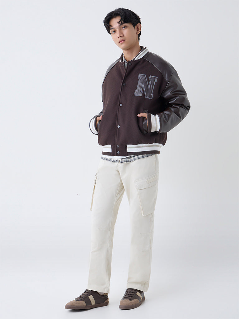 Nuon Dark Brown Typographic Relaxed-Fit Varsity Jacket