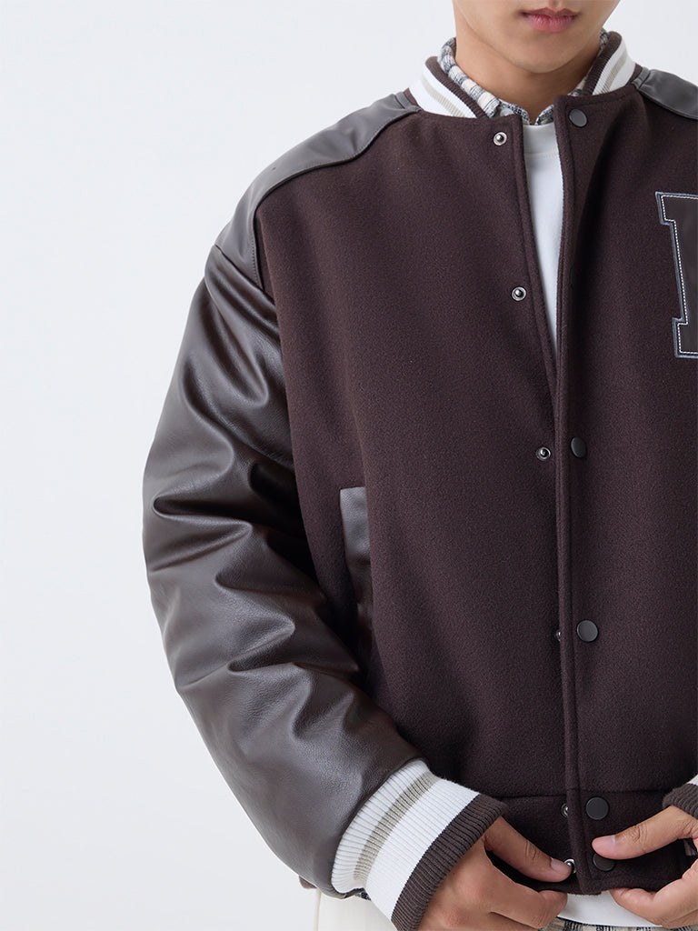 Nuon Dark Brown Typographic Relaxed-Fit Varsity Jacket