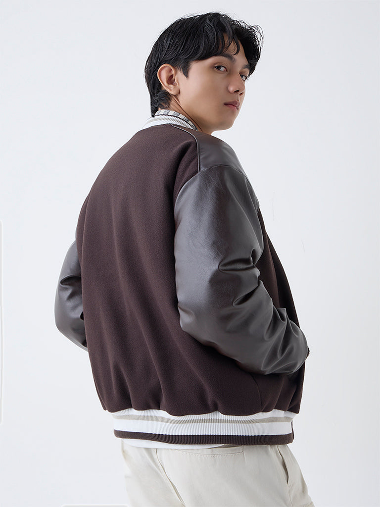 Nuon Dark Brown Typographic Relaxed-Fit Varsity Jacket