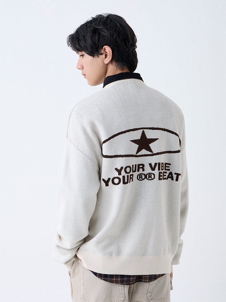 Nuon Beige Text Design Relaxed-Fit Cotton-Blend Sweater