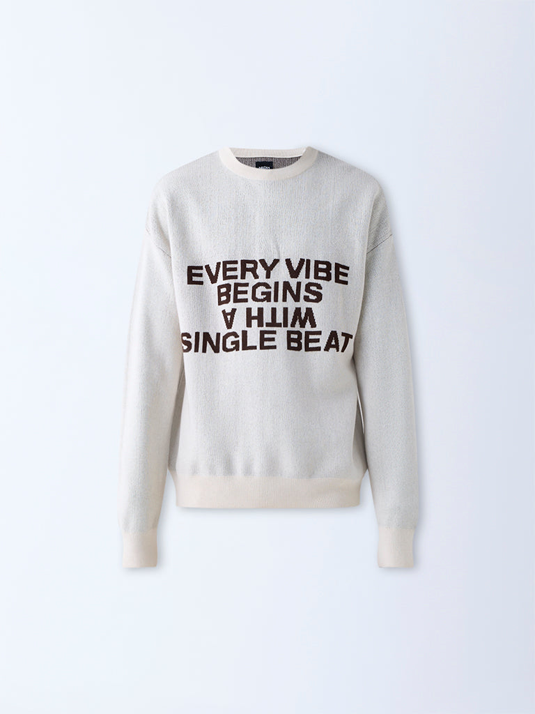 Nuon Beige Text Design Relaxed-Fit Cotton-Blend Sweater
