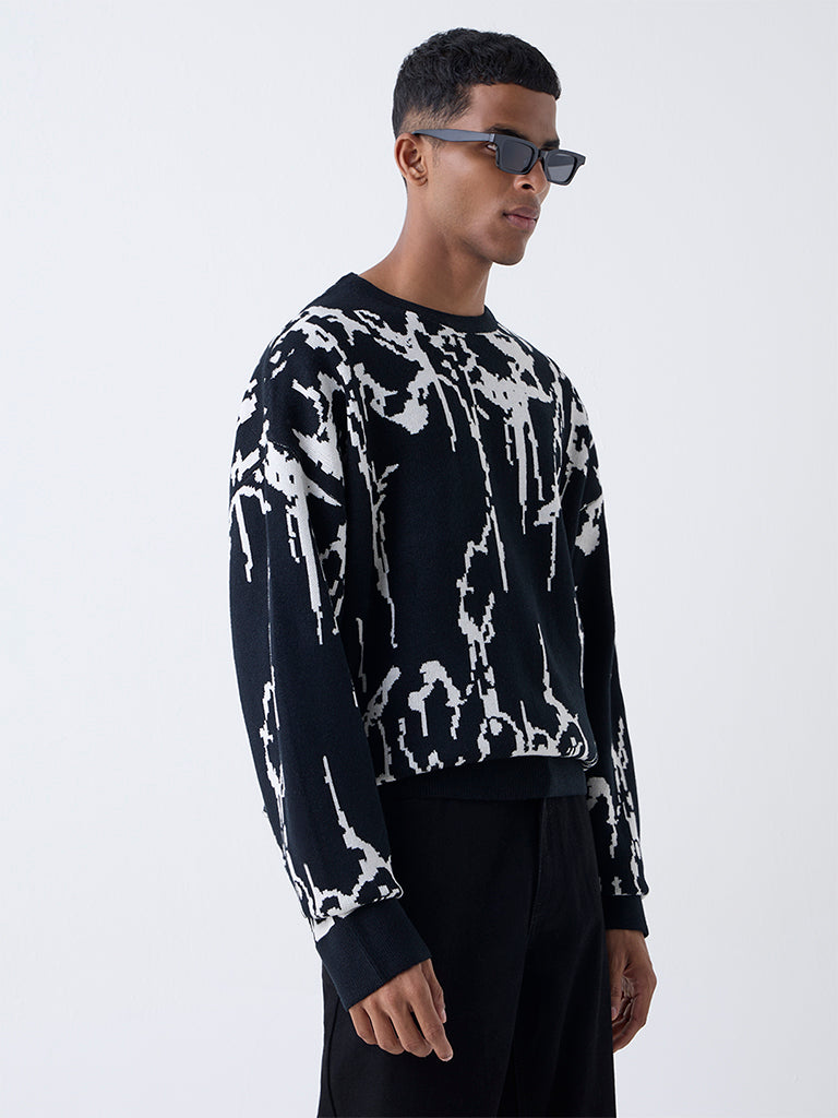 Nuon Black Abstract Design Relaxed-Fit Sweater