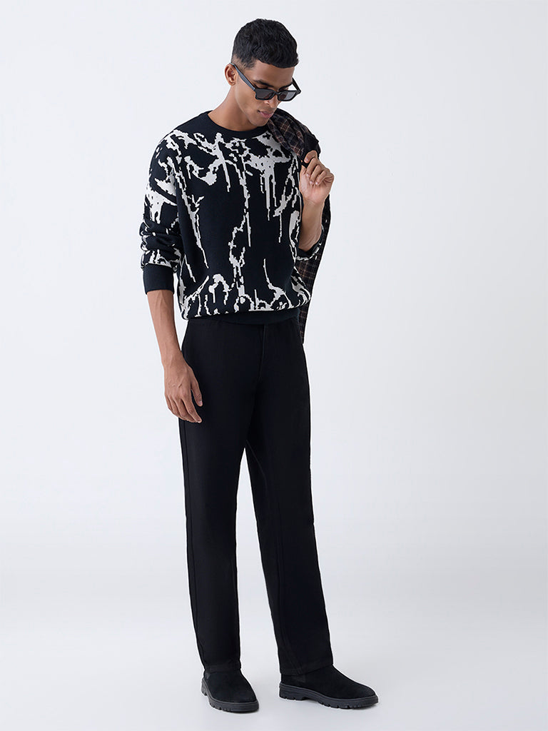 Nuon Black Abstract Design Relaxed-Fit Sweater