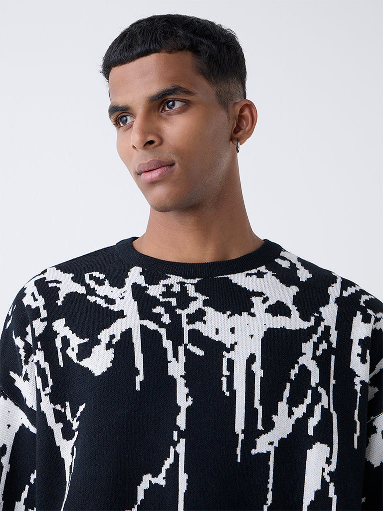 Nuon Black Abstract Design Relaxed-Fit Sweater