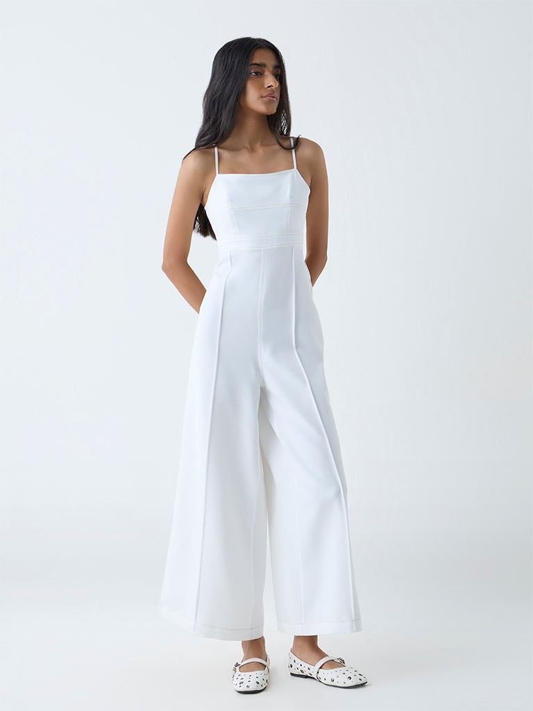 Westside Nuon Women's White Cut-Out Detailed Jumpsuit for Casual Wear Front view