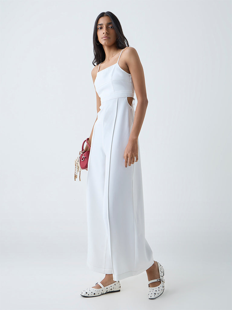 Westside Nuon Women's White Cut-Out Detailed Jumpsuit for Casual Wear Full View
