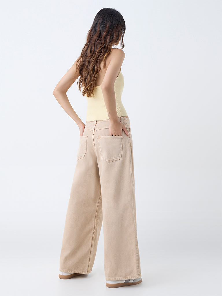Westside Nuon Women's Light Yellow Ribbed-Textured Top for Casual Wear Back View