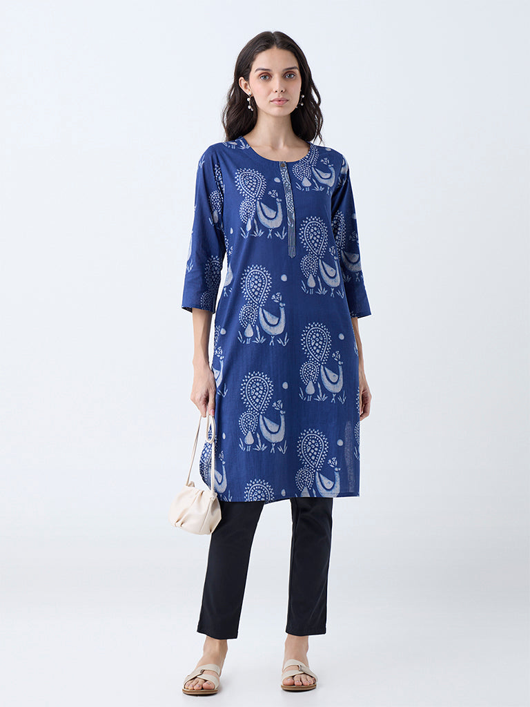 Westside Utsa Women's Indigo Peacock Design Cotton Straight Kurta for Everyday Front view