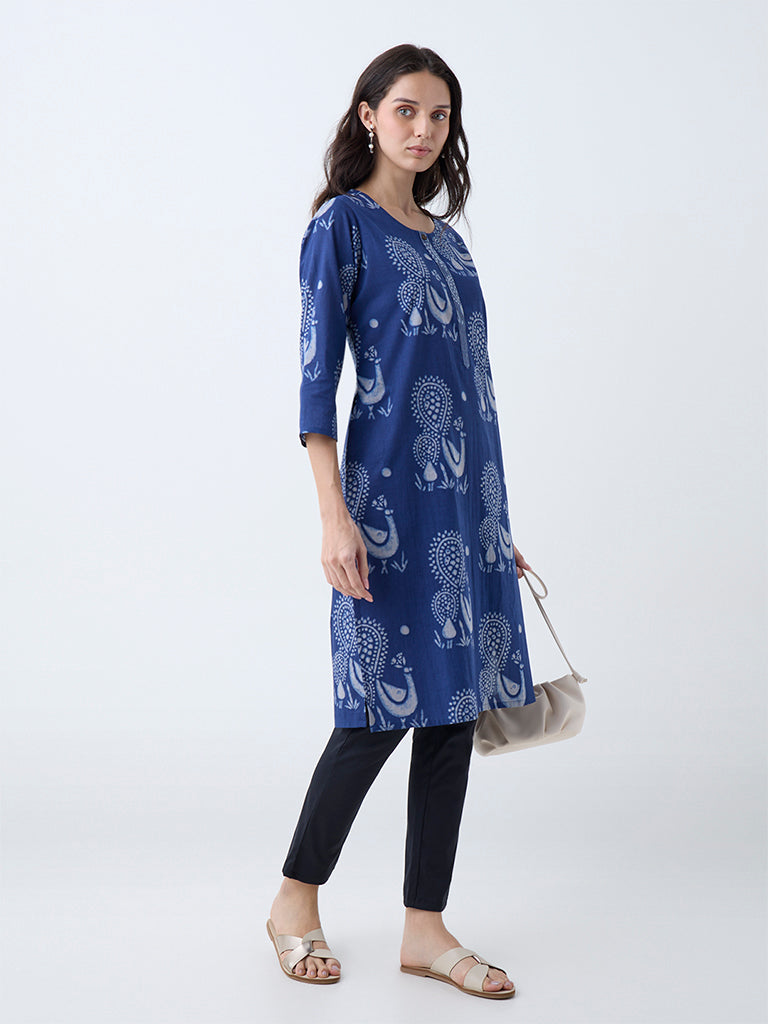 Westside Utsa Women's Indigo Peacock Design Cotton Straight Kurta for Everyday Full View