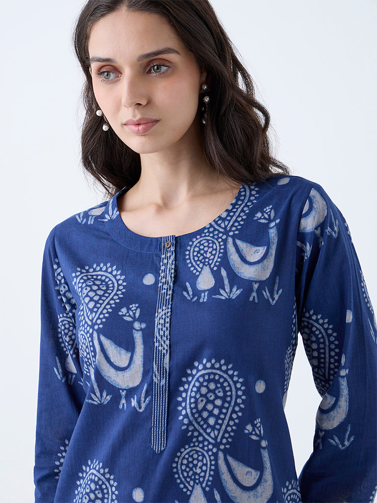 Westside Utsa Women's Indigo Peacock Design Cotton Straight Kurta for Everyday Zoomed View