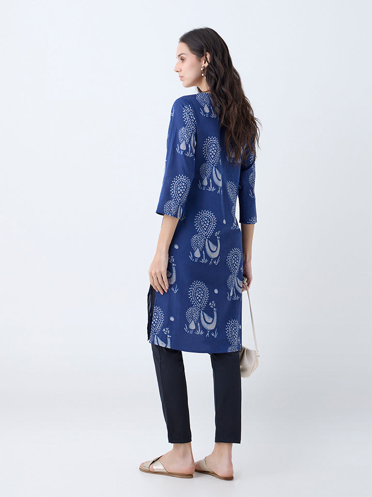 Westside Utsa Women's Indigo Peacock Design Cotton Straight Kurta for Everyday Back View