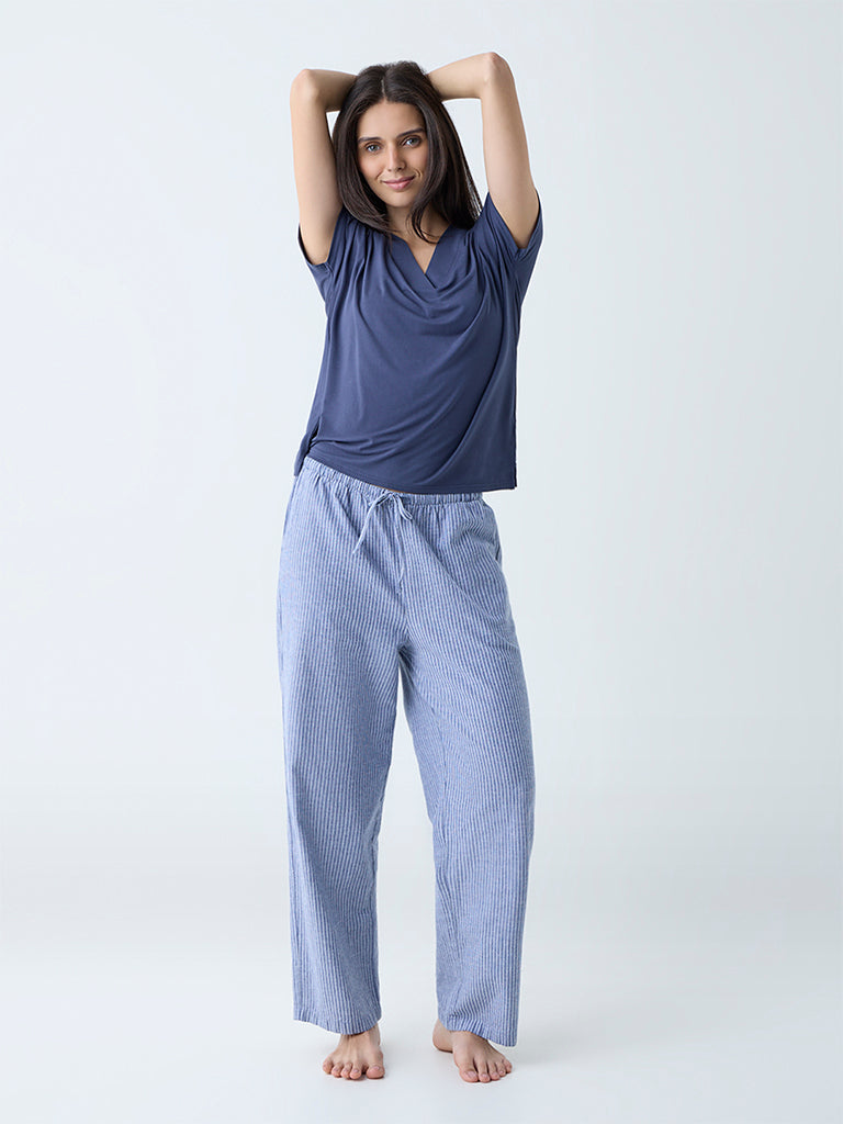 Wunderlove Dusty Blue Striped High-Rise Pants