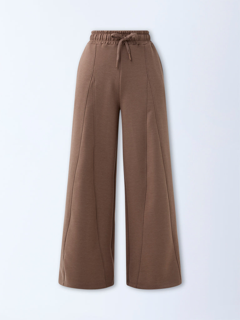 Westside Studiofit Women's Brown Solid High-Rise Track Pants for Sports Wear Flatly