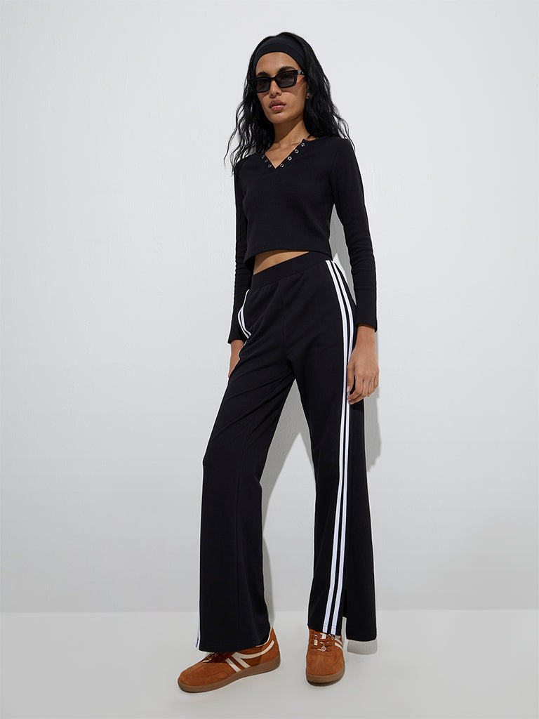 Westside Studiofit Women's Black Striped High-Rise Cotton-Blend Track Pants for Sports Wear Full View