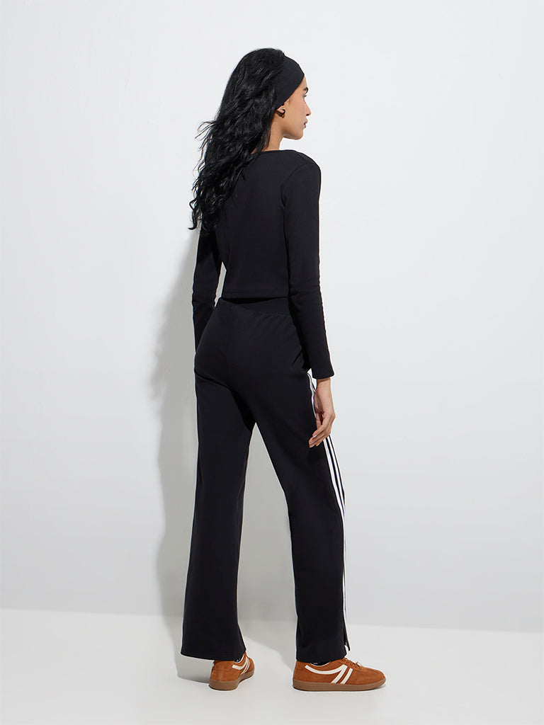 Westside Studiofit Women's Black Striped High-Rise Cotton-Blend Track Pants for Sports Wear Back View