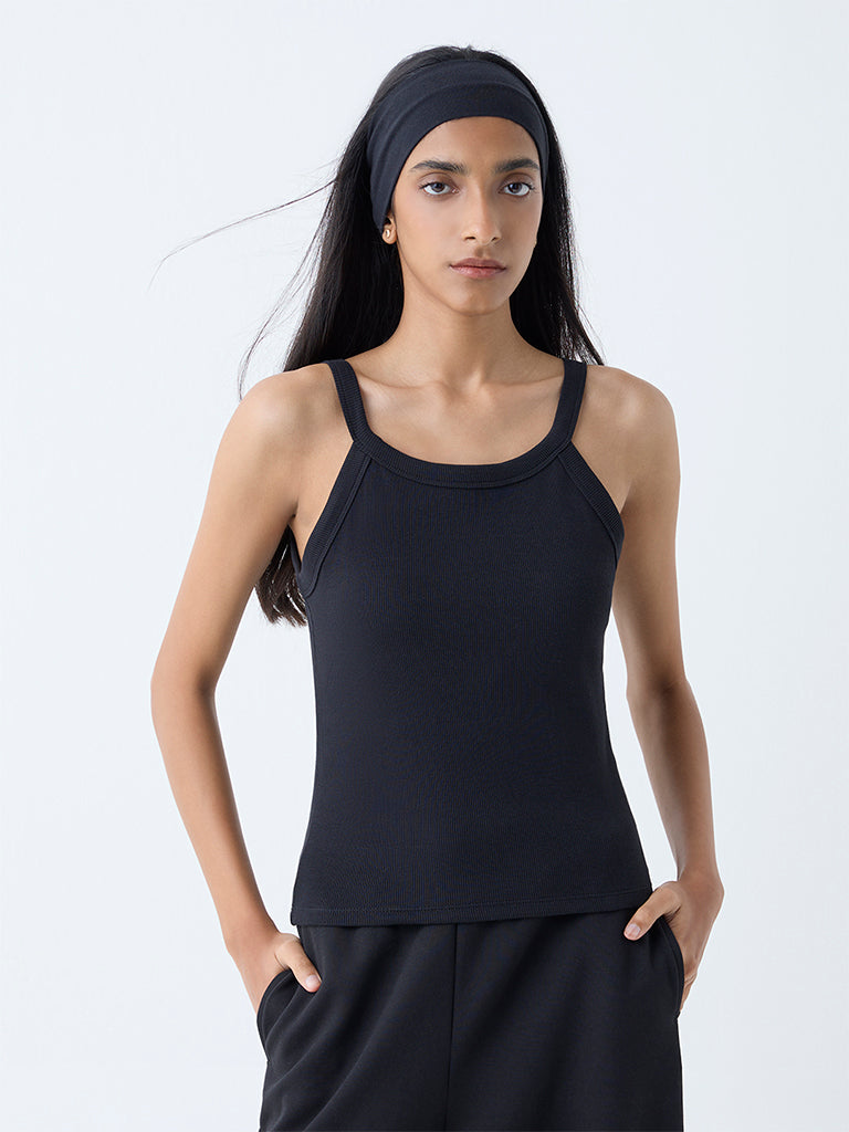 Westside Studiofit Women's Black Ribbed-Textured Cotton-Blend Tank Top for Sports Wear Full View